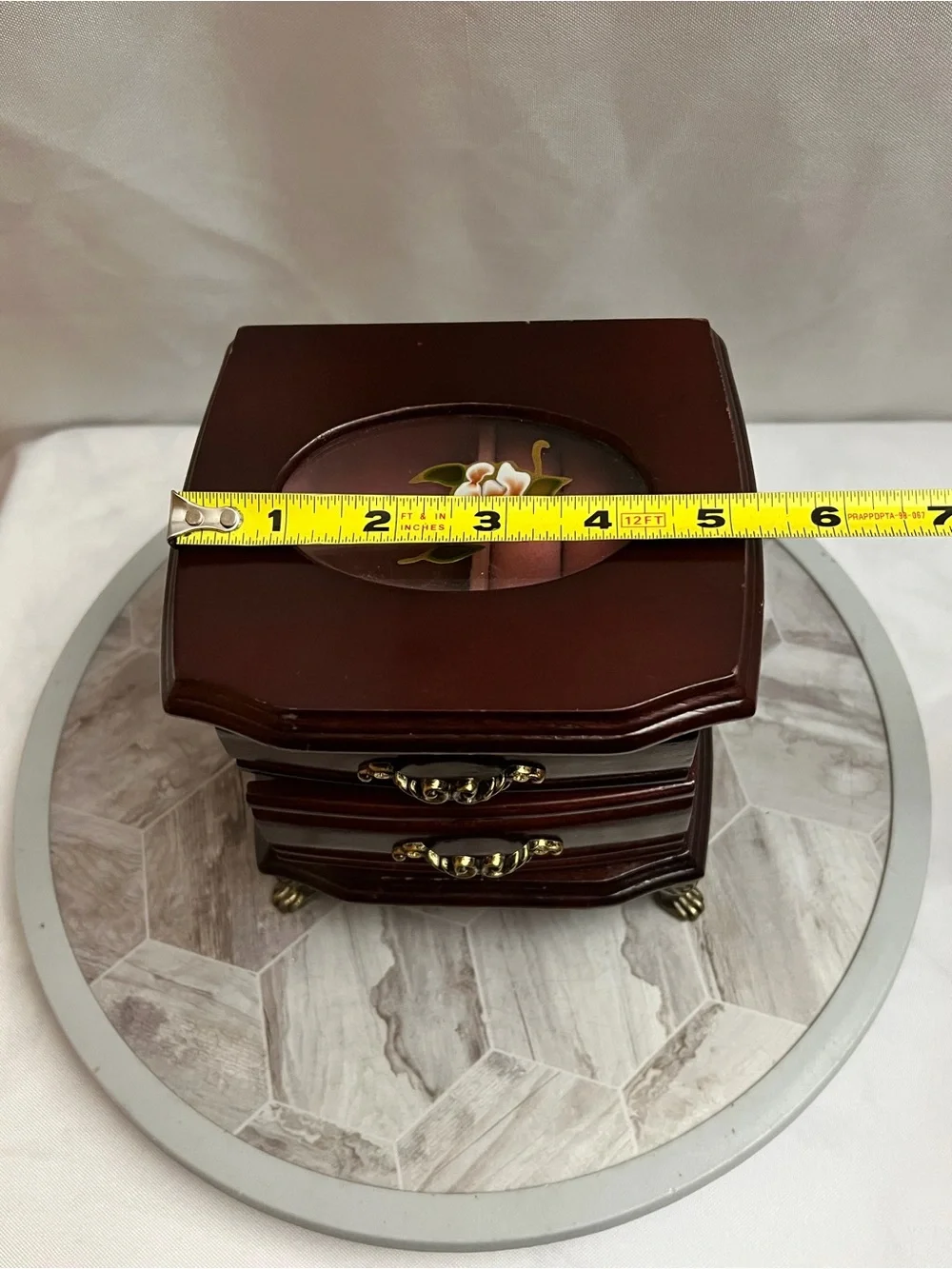 Vintage Style Wooden Jewelry Box 2 Drawer Floral Glass Top Brass Tone Feet